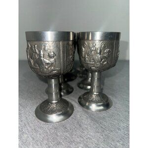 Set Of 8 German Pewter Goblets Embossed Tavern Scene Design Vintage